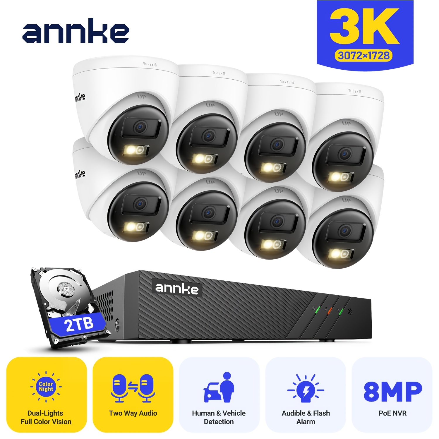 sistema de camaras de seguridad poe 3k con nvr de 8 canales 8 camaras de 5mp deteccion por ia hdd de 2tb para grabacion audio bidireccional vision nocturna a color 0