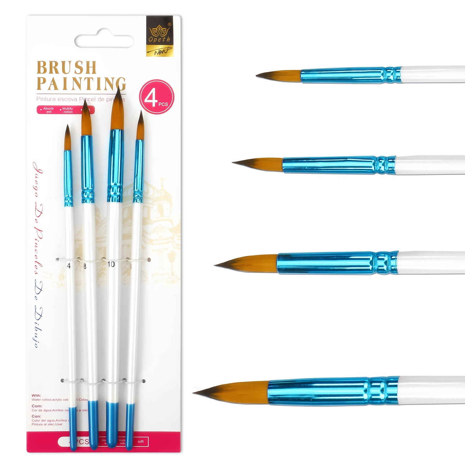 TEMU 4pcs Professional Painting Brushes, Round Pointed Tip Nylon Hair, High Quality For Watercolor, Acrylic And Oil Painting