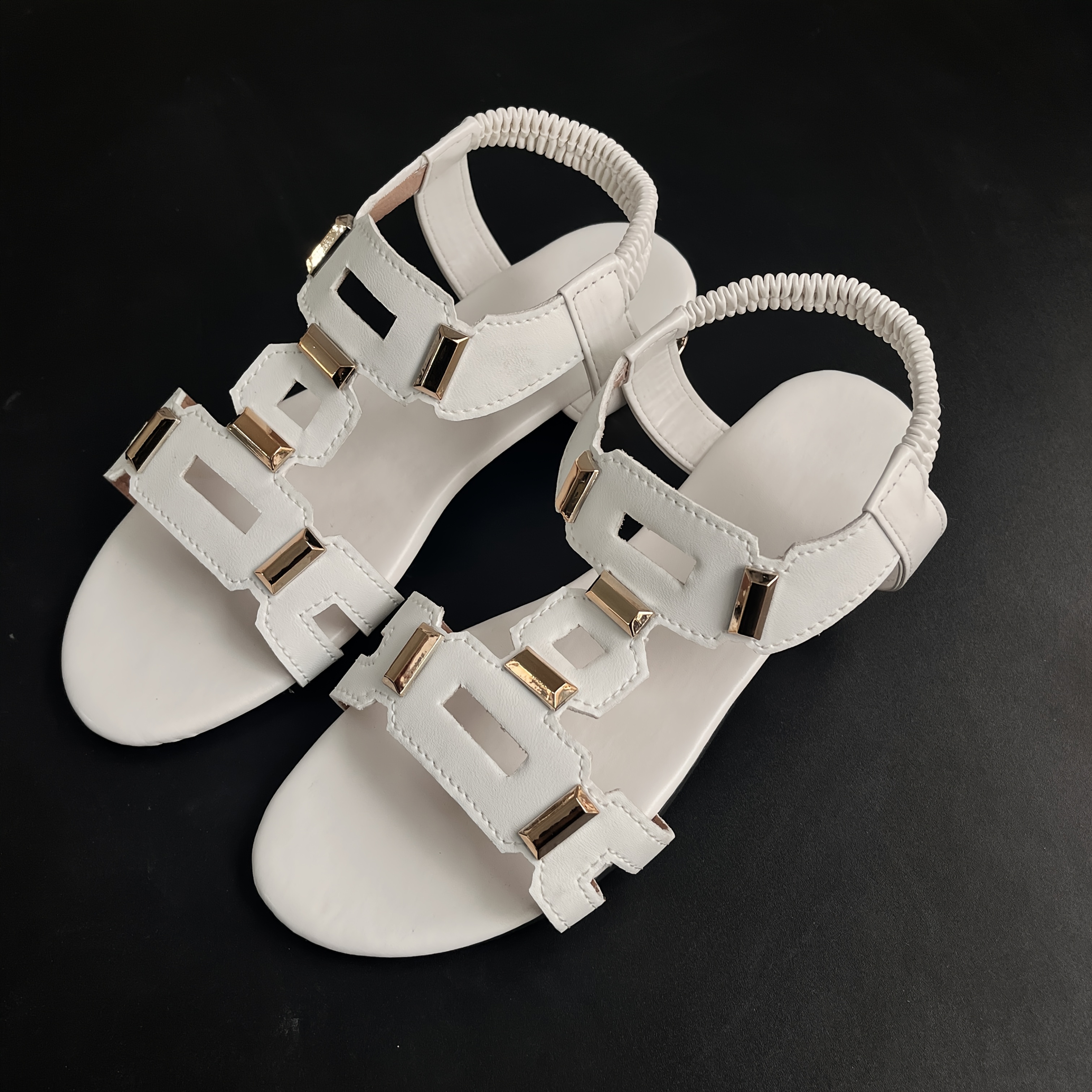 TEMU Popular Luxury Geometric White Metal Decoration Elastic Band Commuting Elegant Temperament Open-toe Flat Women's Sandals, Women Shoes