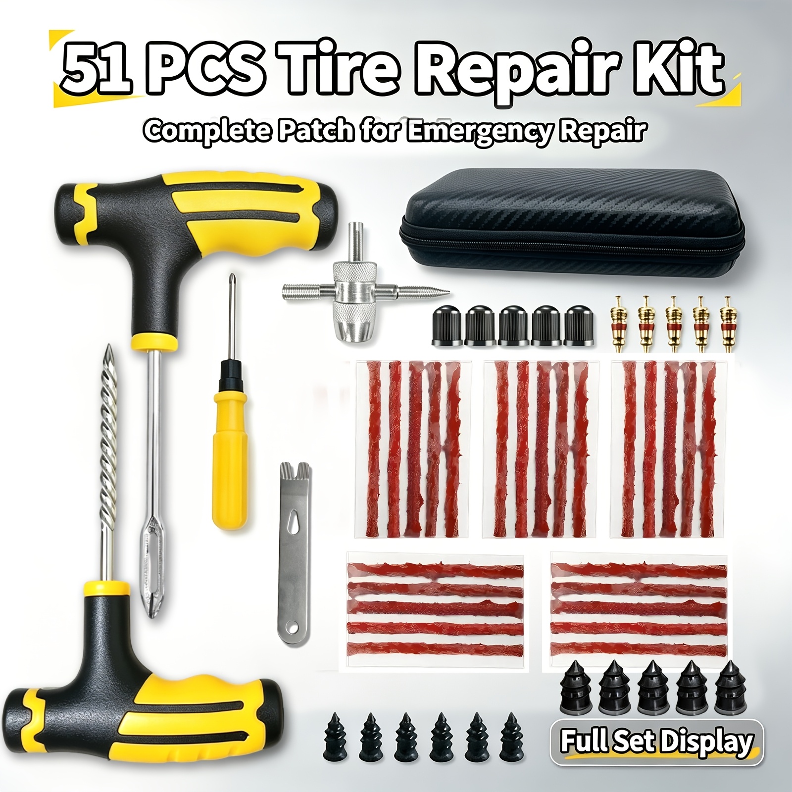 Image of Tyre Repair Kit Tubeless Puncture Plug Set Yellow Grip T-handle Reamer Insert Needle Cross Valve Wrench Brass Valve Cores Caps Screw Plugs Carbon Case Roadside Ev Truck Scooter Bicycle