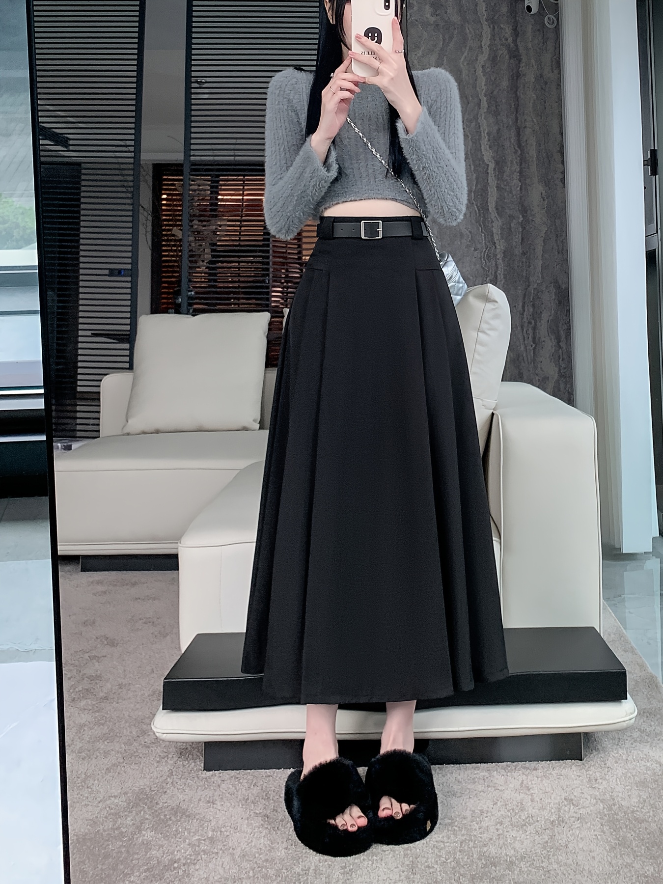 Women'S Elegant Gray A-Line Skirt High-Waisted *-Length, Flared Design  with Zipper Detail Spring/Summer/Fall, Casual to Formal