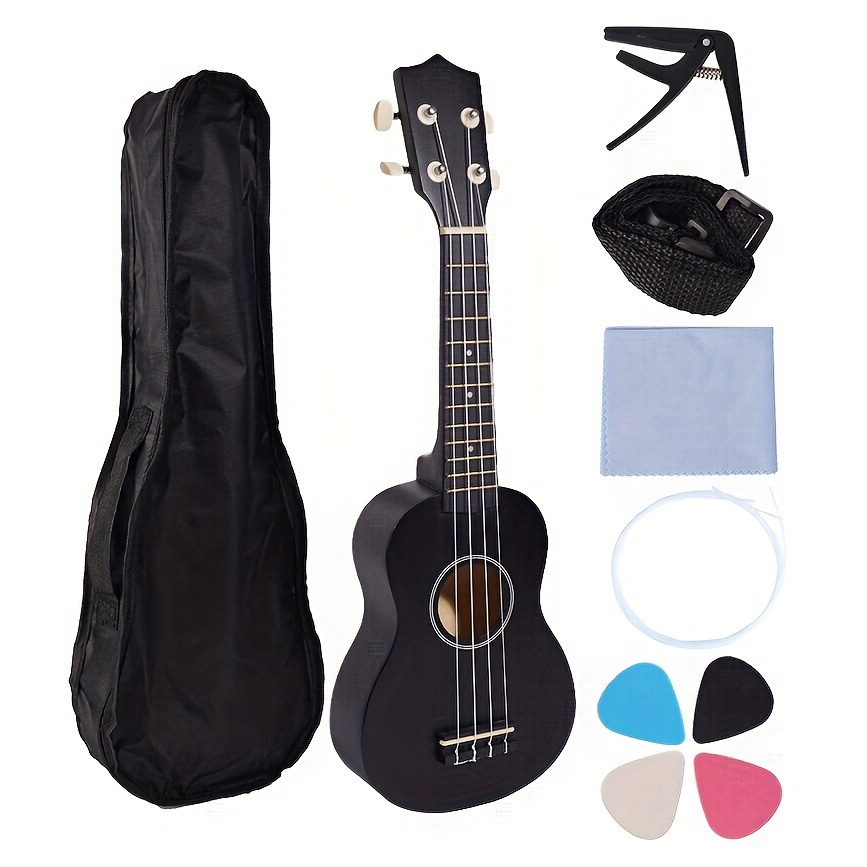 

Treble Ukulele 21 Inch Linden Ukulele Beginner Four-string Hawaiian Guitar Ukulele Adult And Teenage Model, Black, With Ukulele Special Case, Tuning Clip, Strings, Guitar Cloth, Strap, 3 Picks