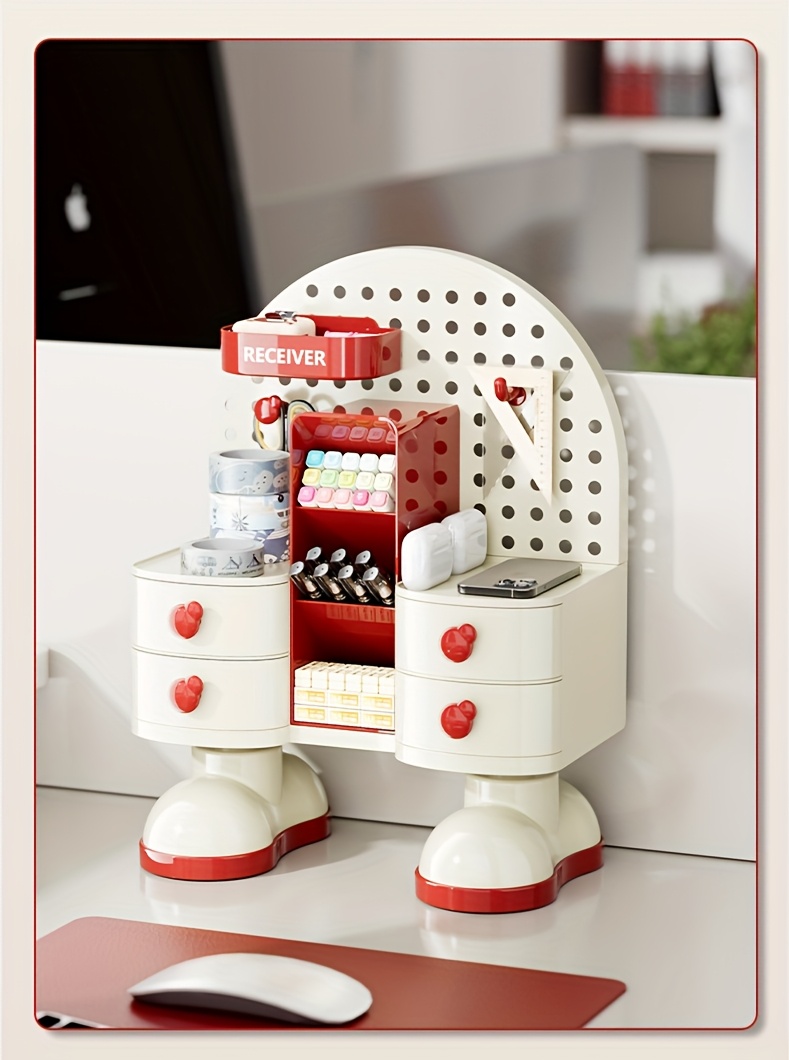 White Polka Dot Jewelry & Cosmetic Organizer with Drawers and Hooks - Multi-Functional Desktop Storage for Makeup, Skincare, and Accessories - Durable Plastic Countertop Organizer for Bathroom or Vanity, Makeup Vanity Desk, Playful Design, Decorative Storage