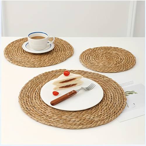 6pcs round rattan place mat hand beige heat resistant coaster restaurant decorative table mat hand washed special catering essential for holiday dinner gifts