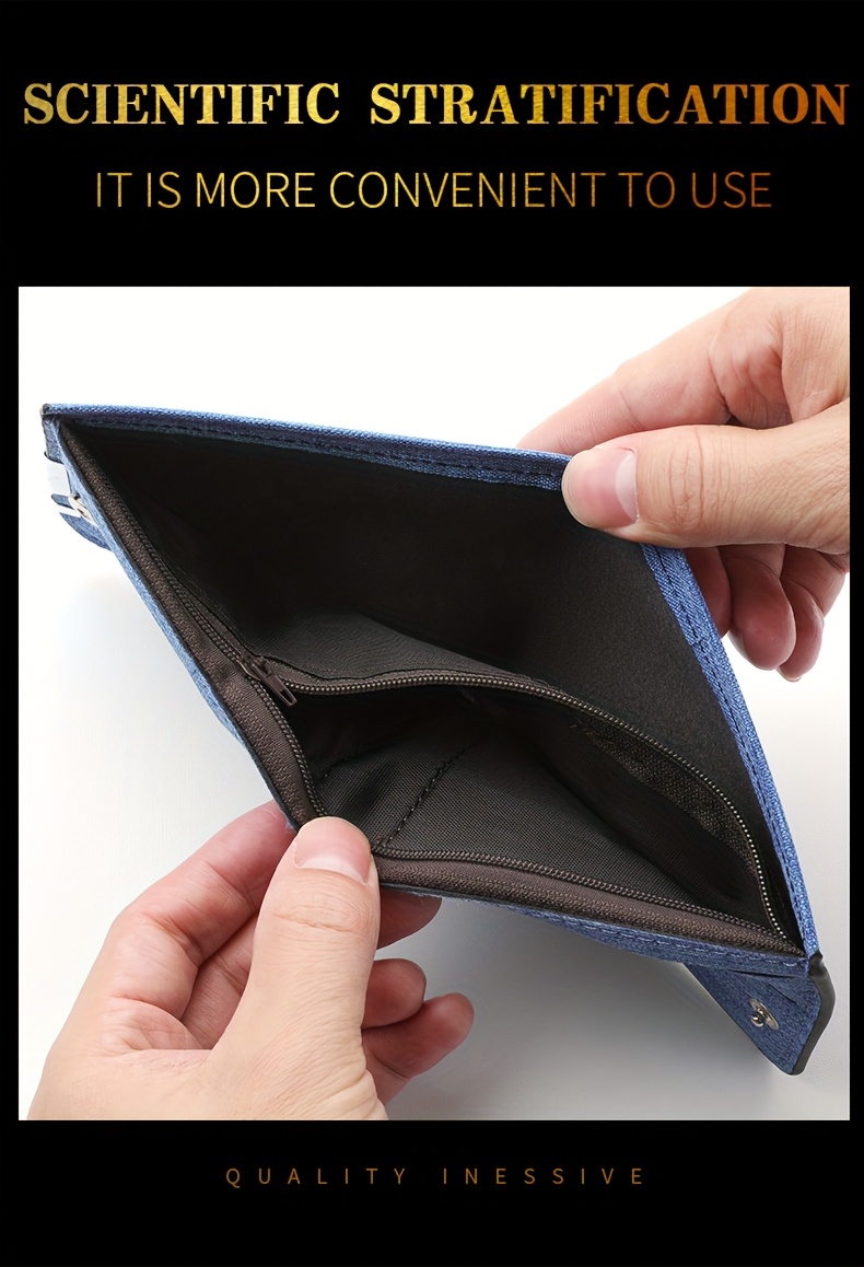 Billetera de lona vintage para hombre con múltiples ranuras para tarjetas, diseño plegable de gran capacidad y cierre seguro con cremallera - Negro, poliéster duradero, estilo casual, clip de dinero para estudiantes, billetera versátil.