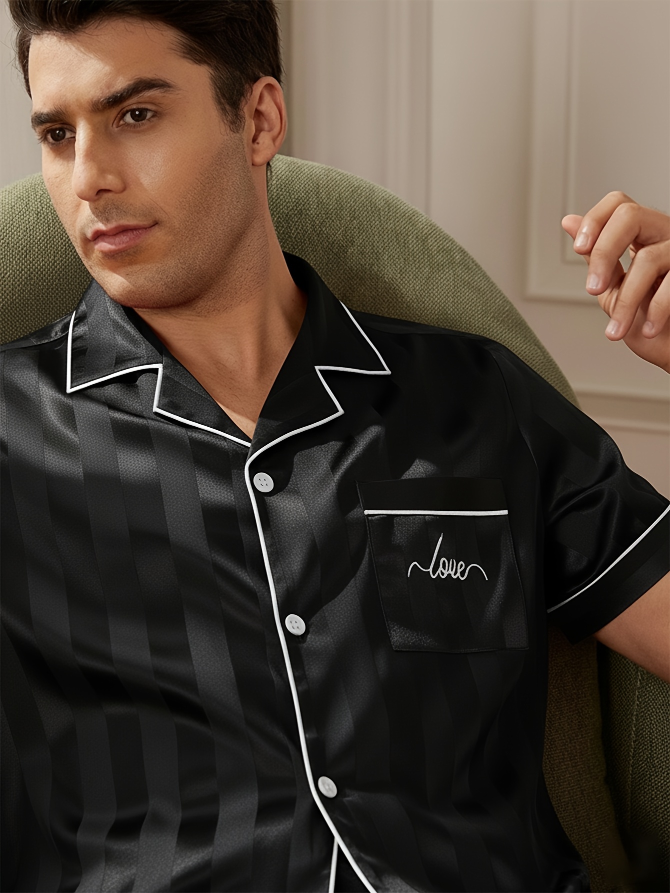 [MEN/WOMEN] Couple Style Valentine's Day Men's or Women's Short Sleeve Top + Shorts Striped Embroidered Love Pattern Pajama  Set, Button Y Cardigan Single Set