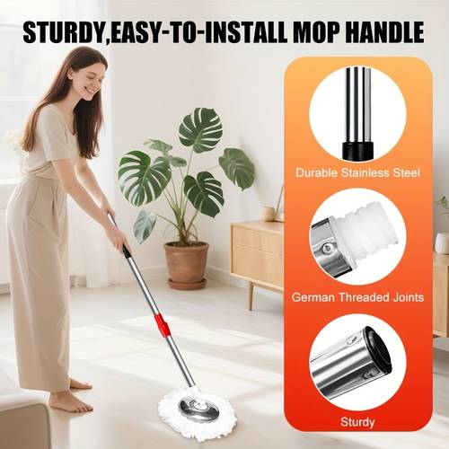 61 inch stainless steel adjustable handle and 1 mop base round microfiber mop replacement heads combo set compatible with round spin mop home mop school mop for floor cleaning without mop bucket