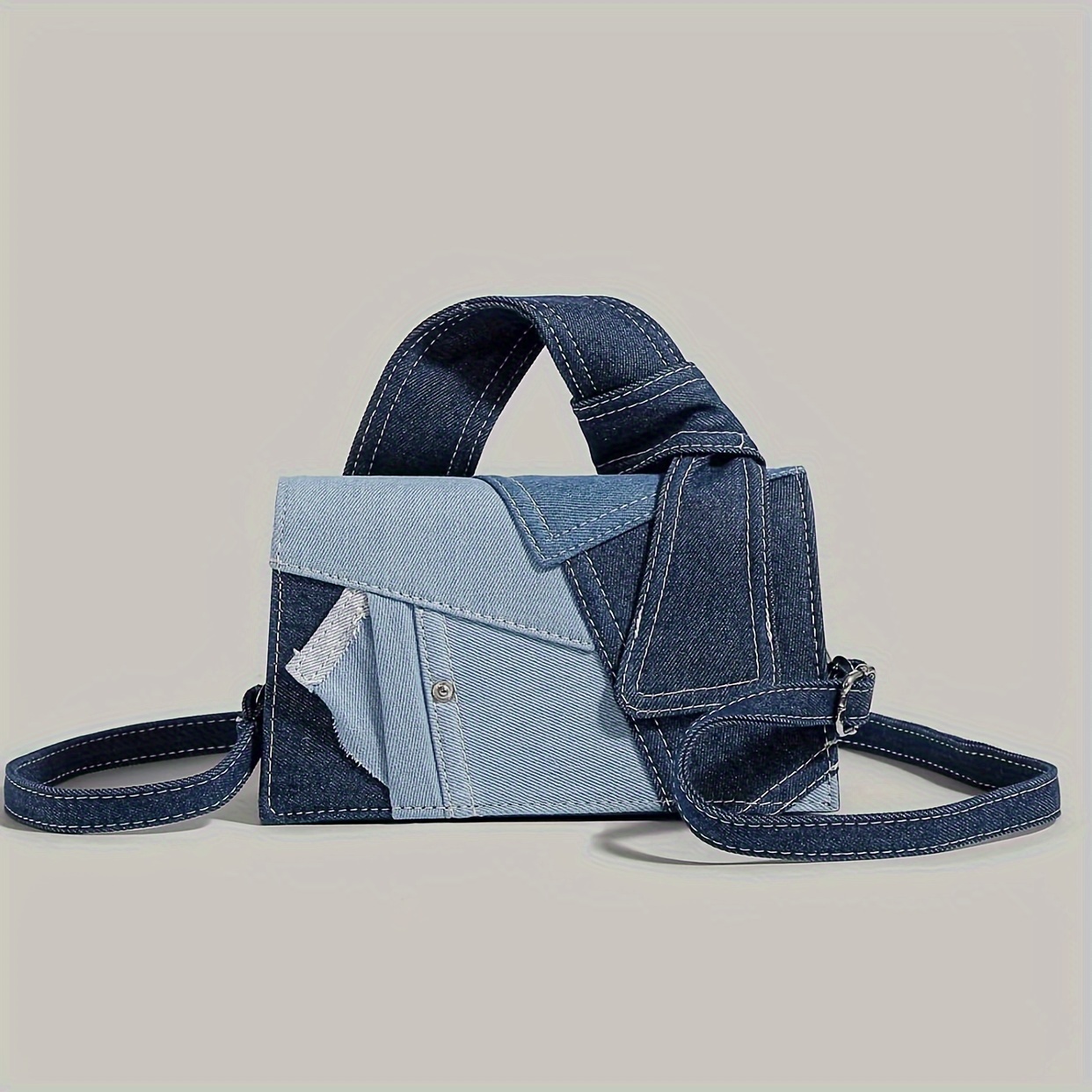 

Geometric Denim Shoulder Bag For Women - Casual Handbag With Zipper Closure, Unlined Fabric, Hand Washable - Stylish Crossbody For Shopping, Dates, And Commuting