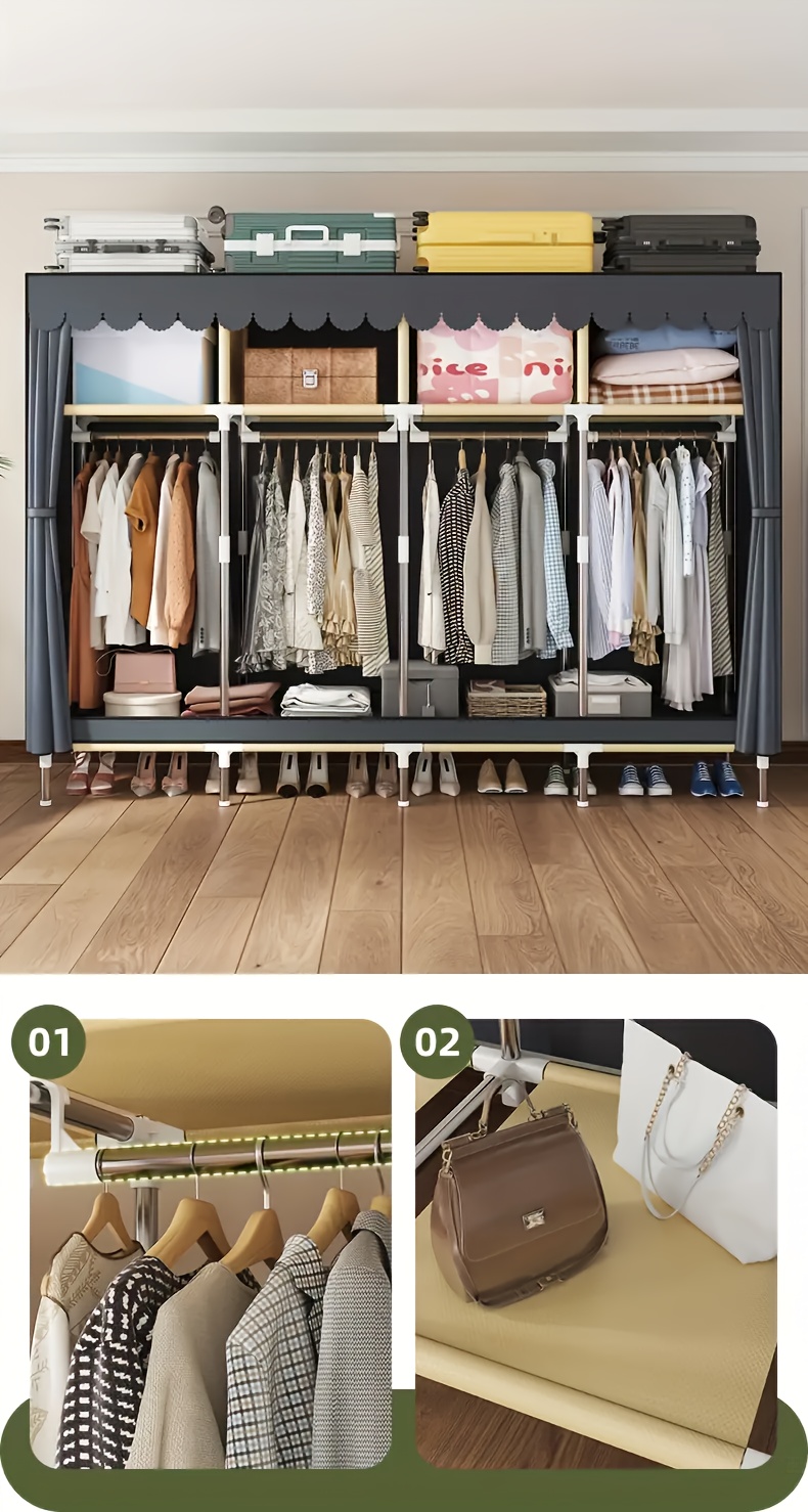 Large Capacity Freestanding Wardrobe with Metal Frame, Dustproof Storage Organizer for Bedroom, Dorms, and Rental Apartments - Mount, Independent Design, Under 3.2 Cubic Feet Closed Storage