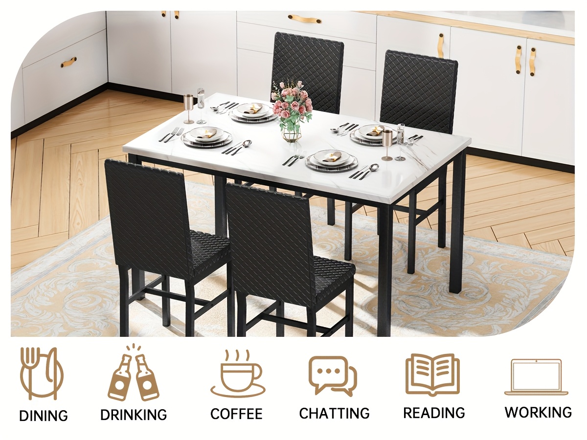 Dining Table Set For 4, Faux Marble Small Dining Room Table Set For 4, Modern Upholstered PU Leather Chairs