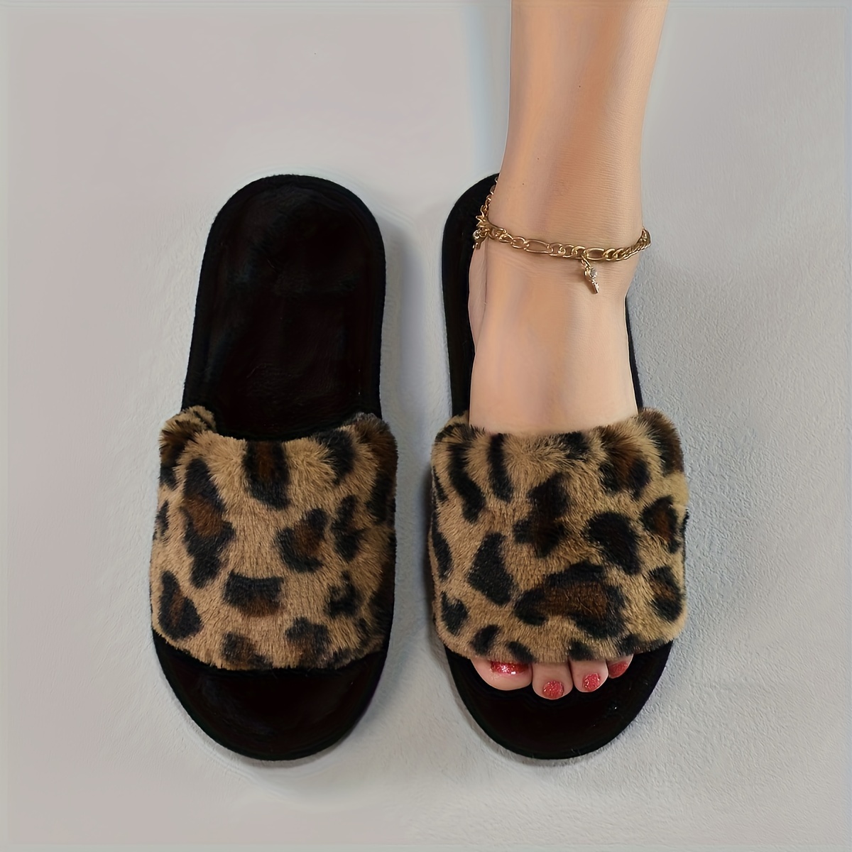 

Cozy Leopard Print Plush Slippers For Women - Open Toe, Soft Faux Fur, Breathable & Shoes With Eva Sole