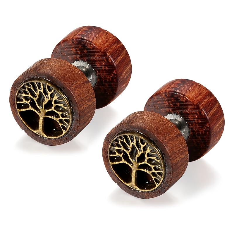 TEMU Wooden Stud Earrings In Of A Tree Of Life: Retro Stainless Steel Pierced Earrings, Ear Plugs, Perfect Christmas Present For Men And Women