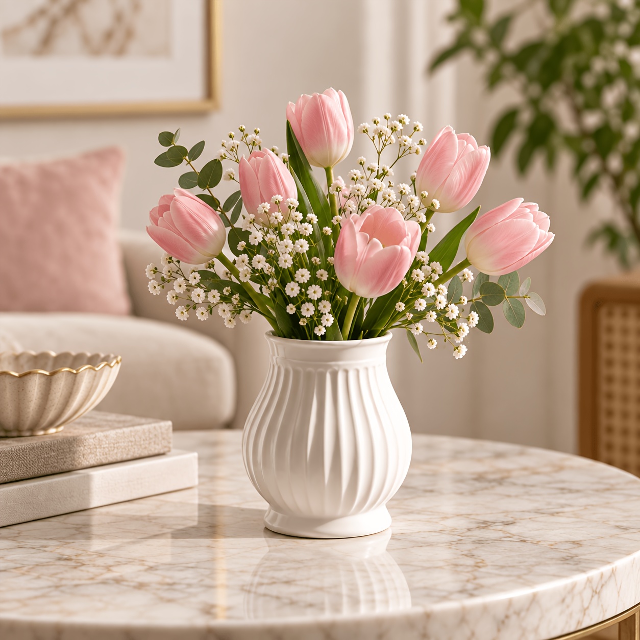TEMU 1pc White Easy Pleated Plastic Vase, Nordic Style Decor Vase, Modern Pastoral Dried Flower Decorative Bottle, Suitable For Restaurant, Living