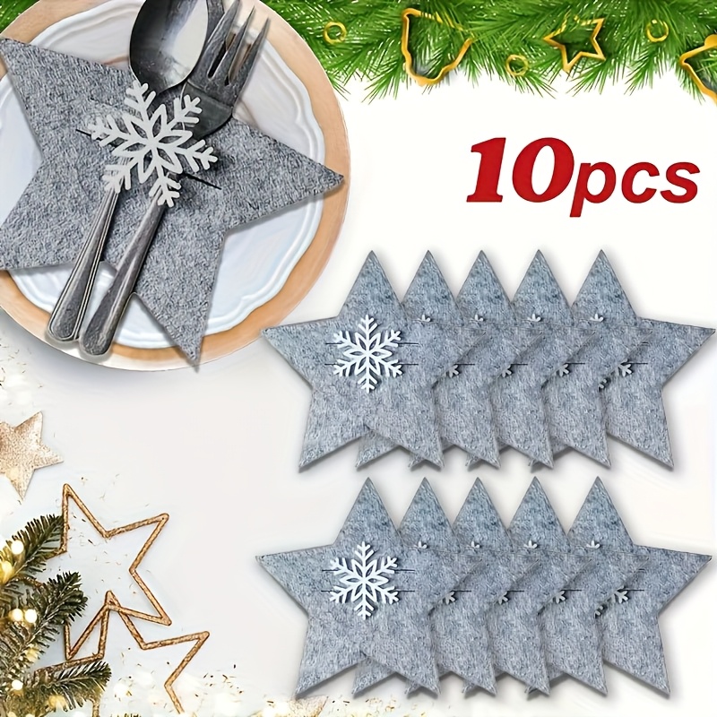 10pcs, Star-shaped Placemats With Snowflakes, Christmas Cutlery Pouches, Soft Felt Utensil Holders, Suitable For Christmas/halloween/thanksgiving Table Decor (cutlery Not Included)