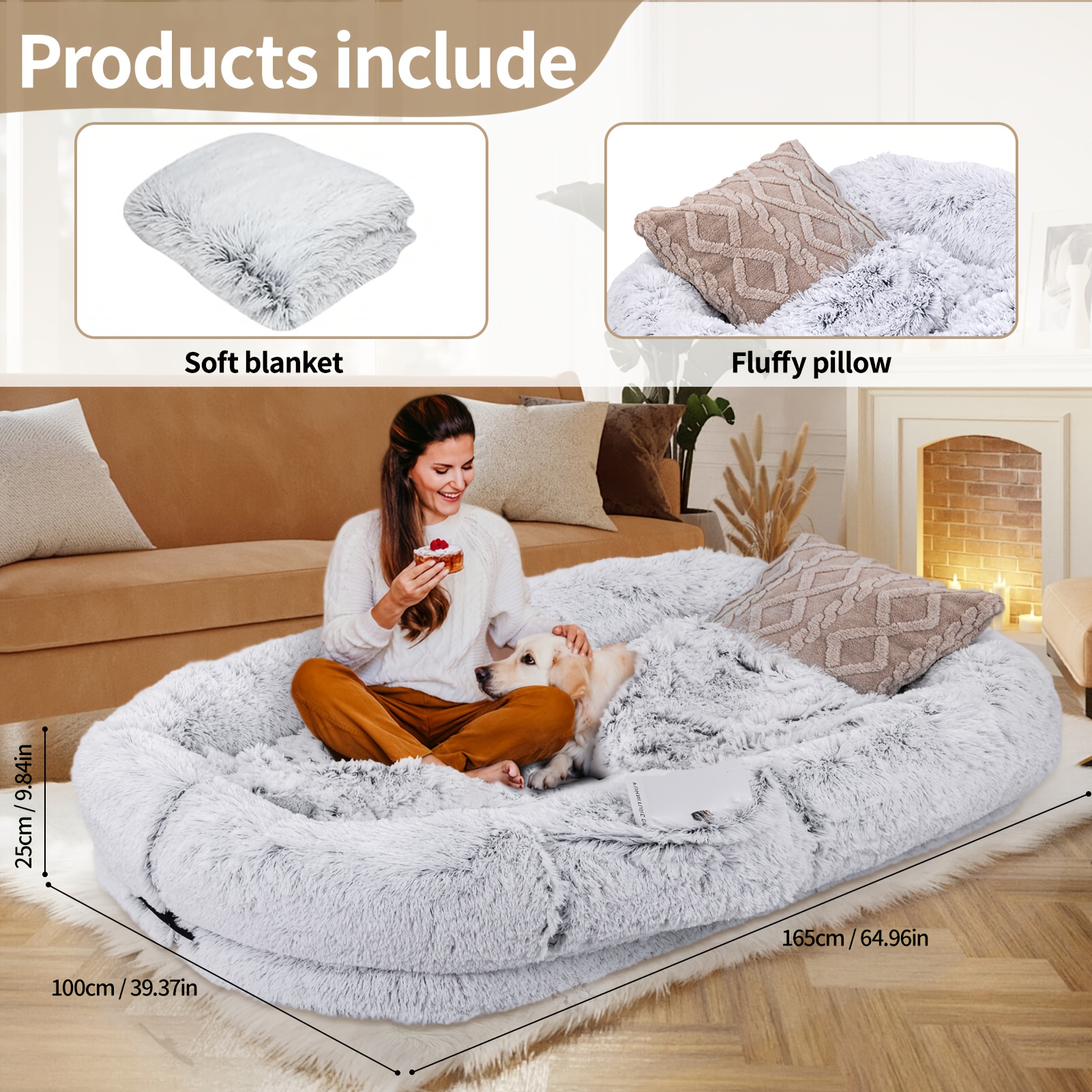 71 x45 x12 orthopedic dog bed for humans & pets - washable   fur oval pet bed with plush pillow & strap, no assembly needed, durable polyester, gray - medium dogs, cozy nap & resting spot, pet bed for dogs,   decor, elegant pet accessory, soft texture surface Product details 4