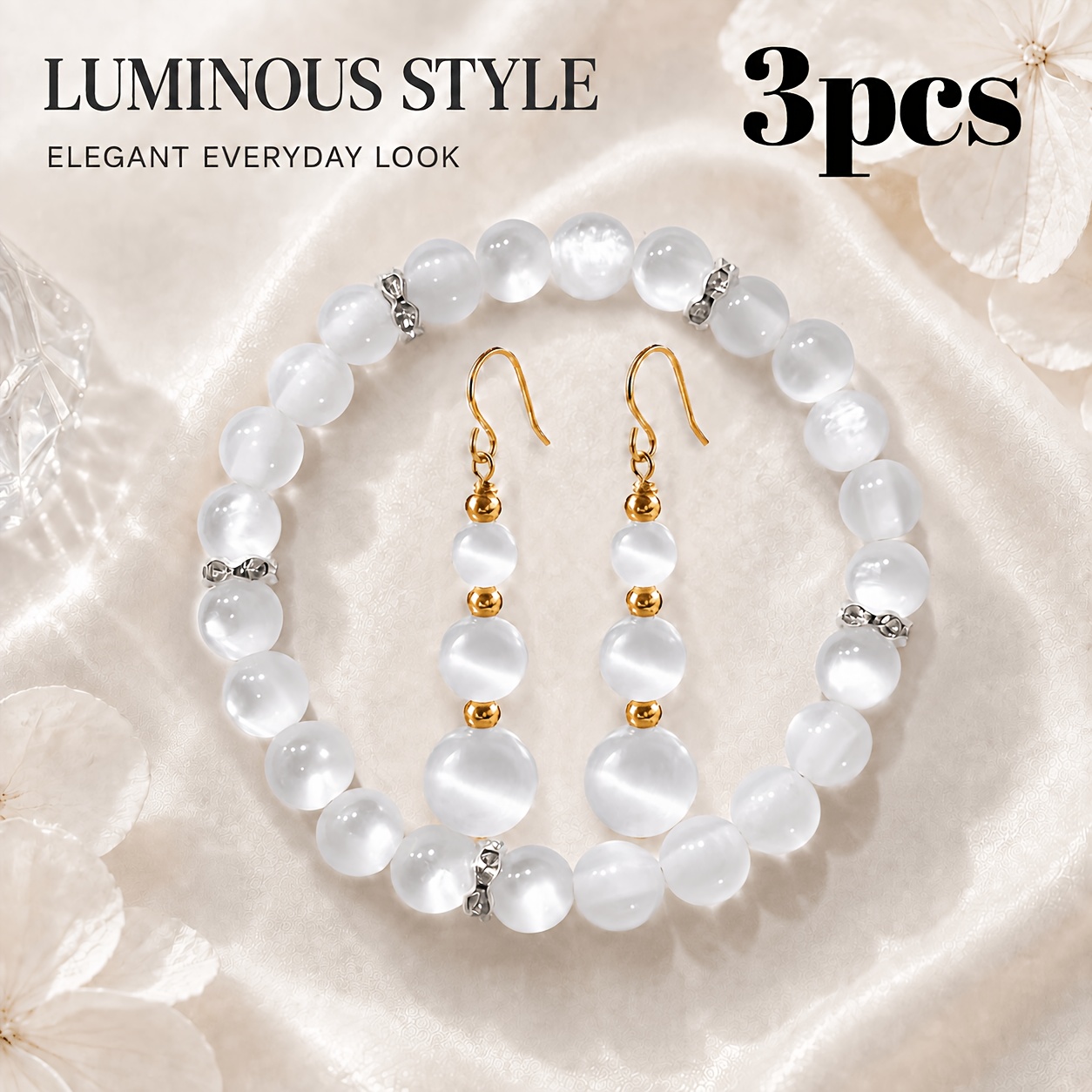 TEMU 3pcs White Jewelry Set, Round Bead Stretch Bracelet + Long Gradient Bead Drop Earrings With Golden Ear Hooks, Elegant Daily Wear Accessory Set