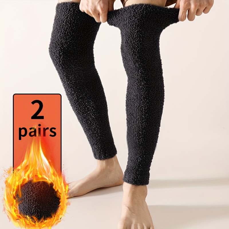 

2 Pairs Solid Coral Fleece Leg Warmers, Unisex Thick Warm Knee High Socks For Fall & Winter, Women's Stockings & Hosiery