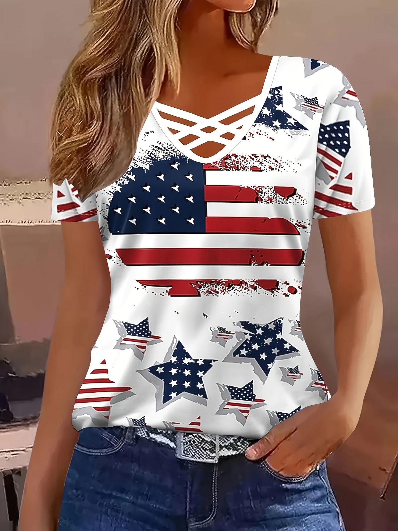 item picture standard size womens fashion cross strap printed t shirt