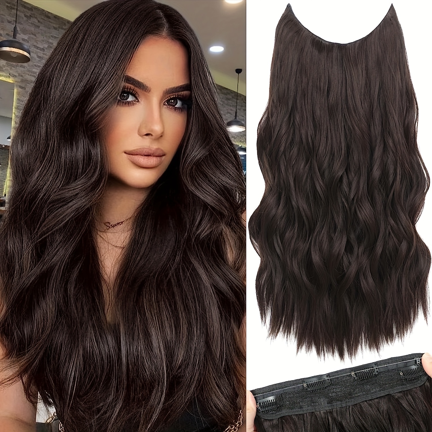 Long Wavy Invisible Wire Hair Extensions Synthetic Hairpiece With Transparent Wire Adjustable Size, Light Ash Brown With Blonde Highlights Hair