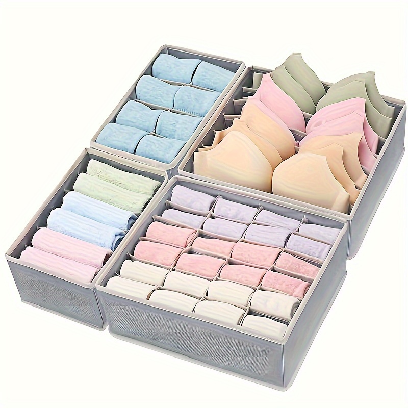 

4pcs Foldable Underwear & Bra Organizer Set - Gray Fabric Drawer Dividers For Closet, Lingerie, Socks, Ties & More