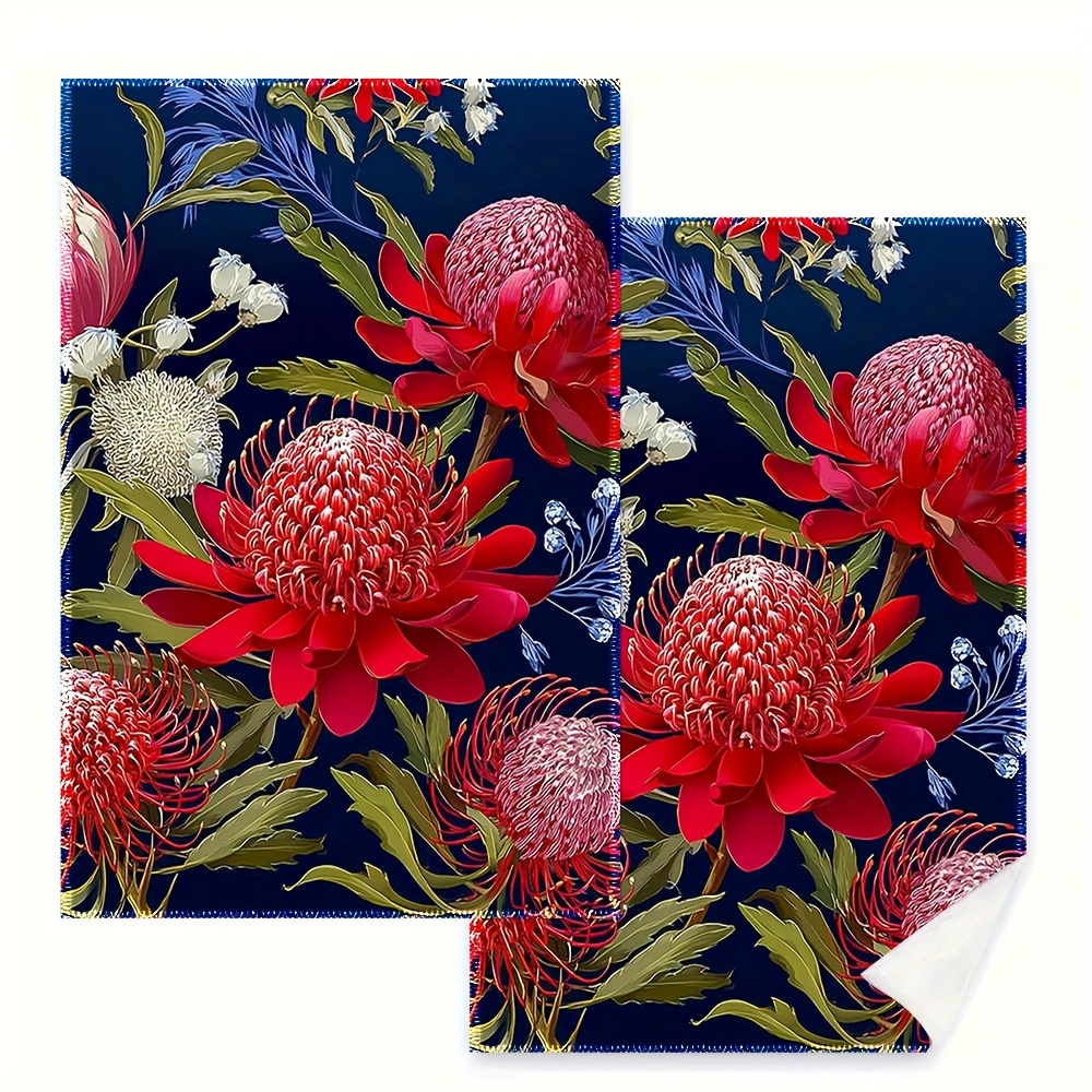 TEMU Australian Floral Print Kitchen Towel - With Red Flowers, Golden And White Plant Pattern Dishcloth, Durable, For Drying Dishes, Christmas And