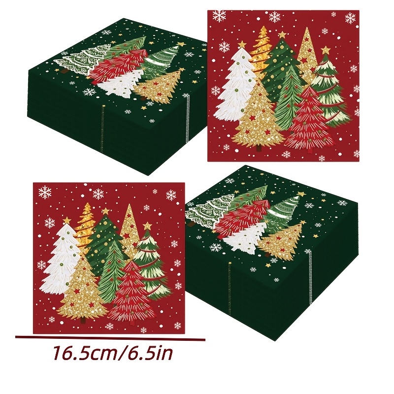 TEMU 60pcs Christmas Tree Party Napkins 6.5-inch Red Green Golden Snowflake Printed Christmas Lunch Napkins Winter Vacation Party Table Decoration
