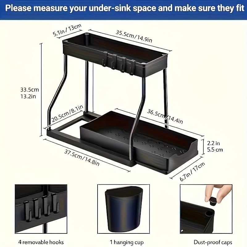 2 tier under sink storage organizer plastic sliding drawer multi purpose rack for bathroom kitchen black white cabinet organizer details 4