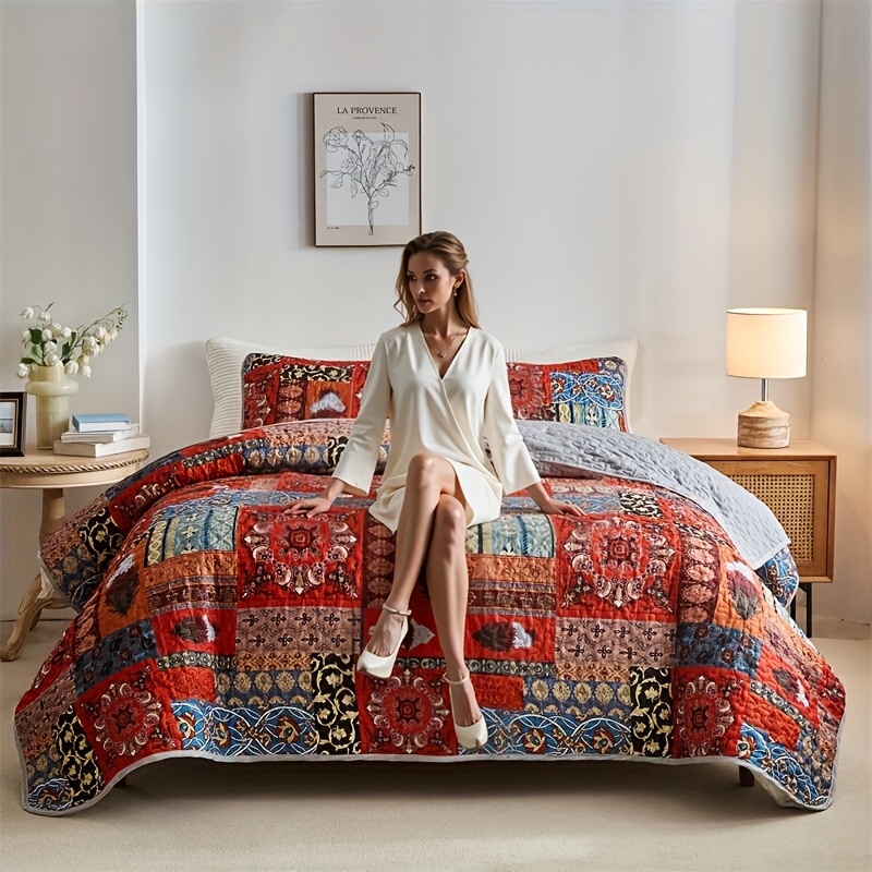 3-teiliges Bohemian Wendbare Gesteppte Tagesdecke Set, 1 Tagesdecke + 2 Kissenbezüge, Keine Kissenfüllungen * für Hotels, Gästezimmer, Schlafzimmer, Ultra Weich, Atmungsaktiv, Schweißabsorbierendes