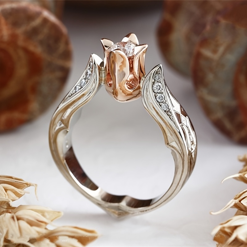 Romantic Rose Flower Zirconia Ring for Women