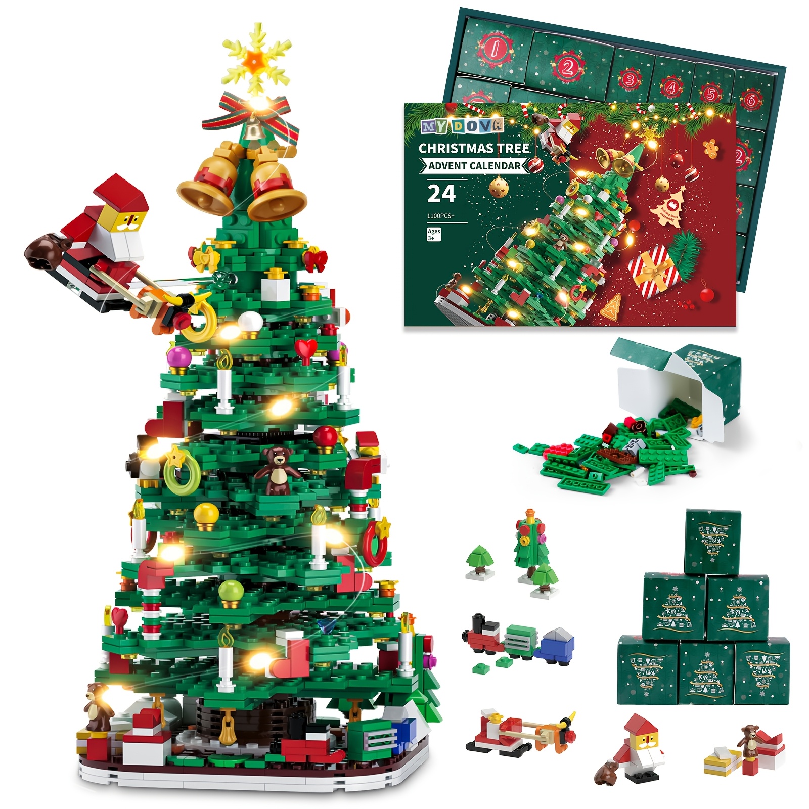 TEMU Calendrier de l'Avent 2026 Arbre de Noël à avec lumière LED, Calendrier de comptage des jours Noël de construction, Ensemble de plus de 1100