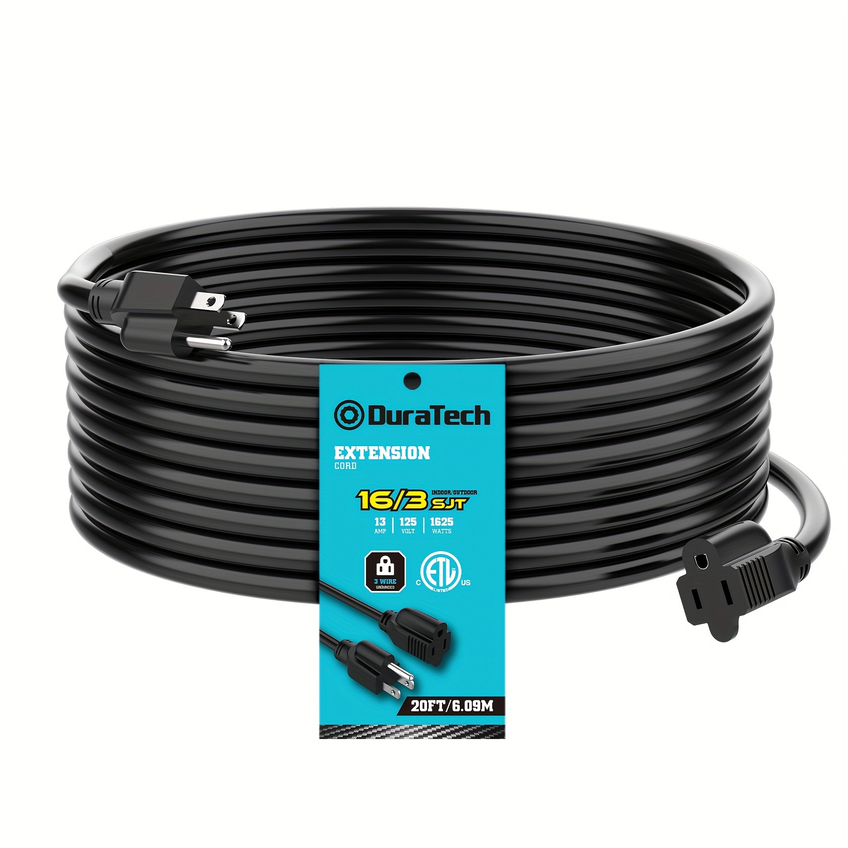 TEMU Duratech Extension Cord, Outdoor Extension Cord, 16/3 Sjt, 13 Amps, Heavy Duty Extension Cord For Power Tools, Black