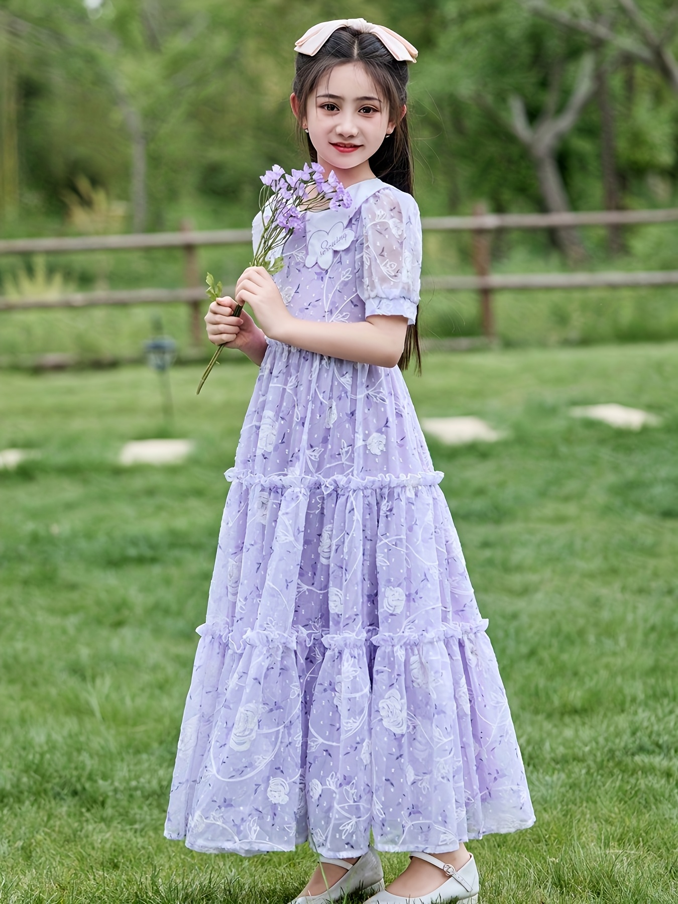 girls floral print chiffon dress light purple tiered - Temu Oman