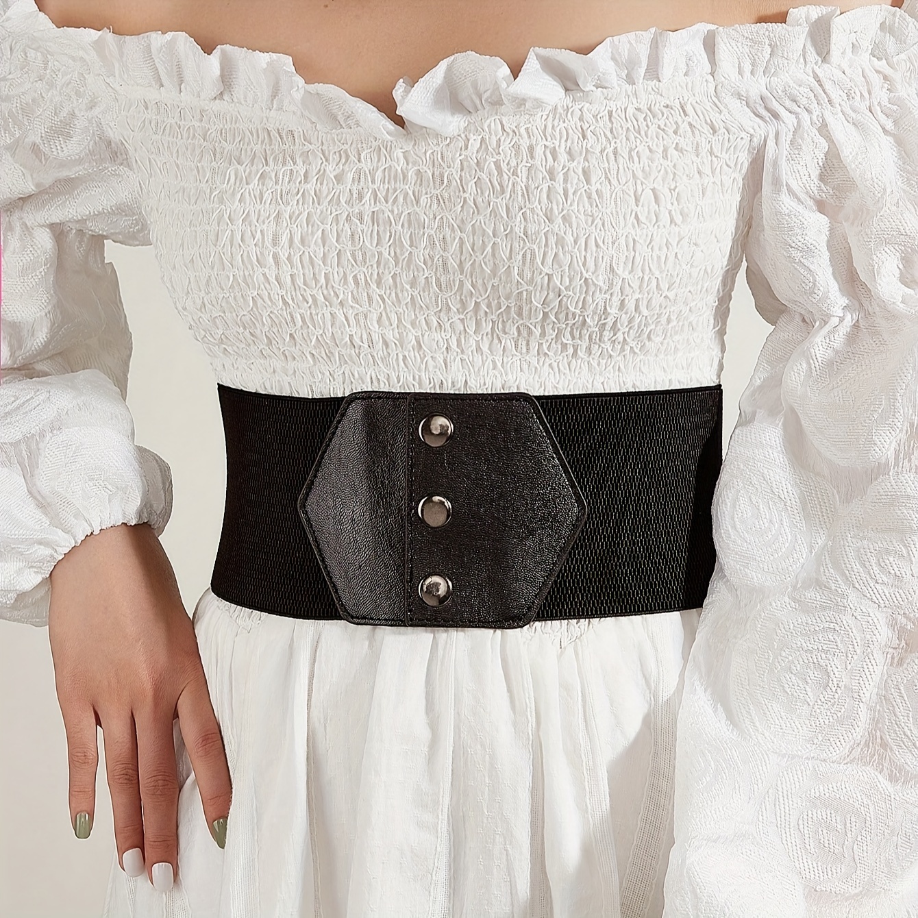 Image of A Women's Casual-business Fashion Snap-button Belt, Versatile Waist Cincher For Skirts, Adjustable Elastic Waistband