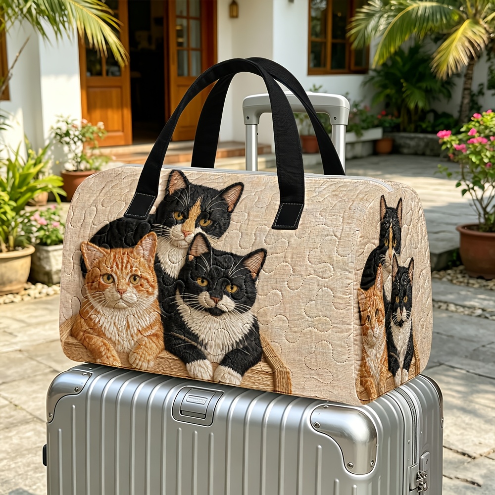 TEMU 1pc Quilted Cylinder Travel Bag Luggage Bagthree Cute Cats Multi Functional Zipper Closed Vacation Luggage Bag, Travel Tote Bag, Handbag Storage
