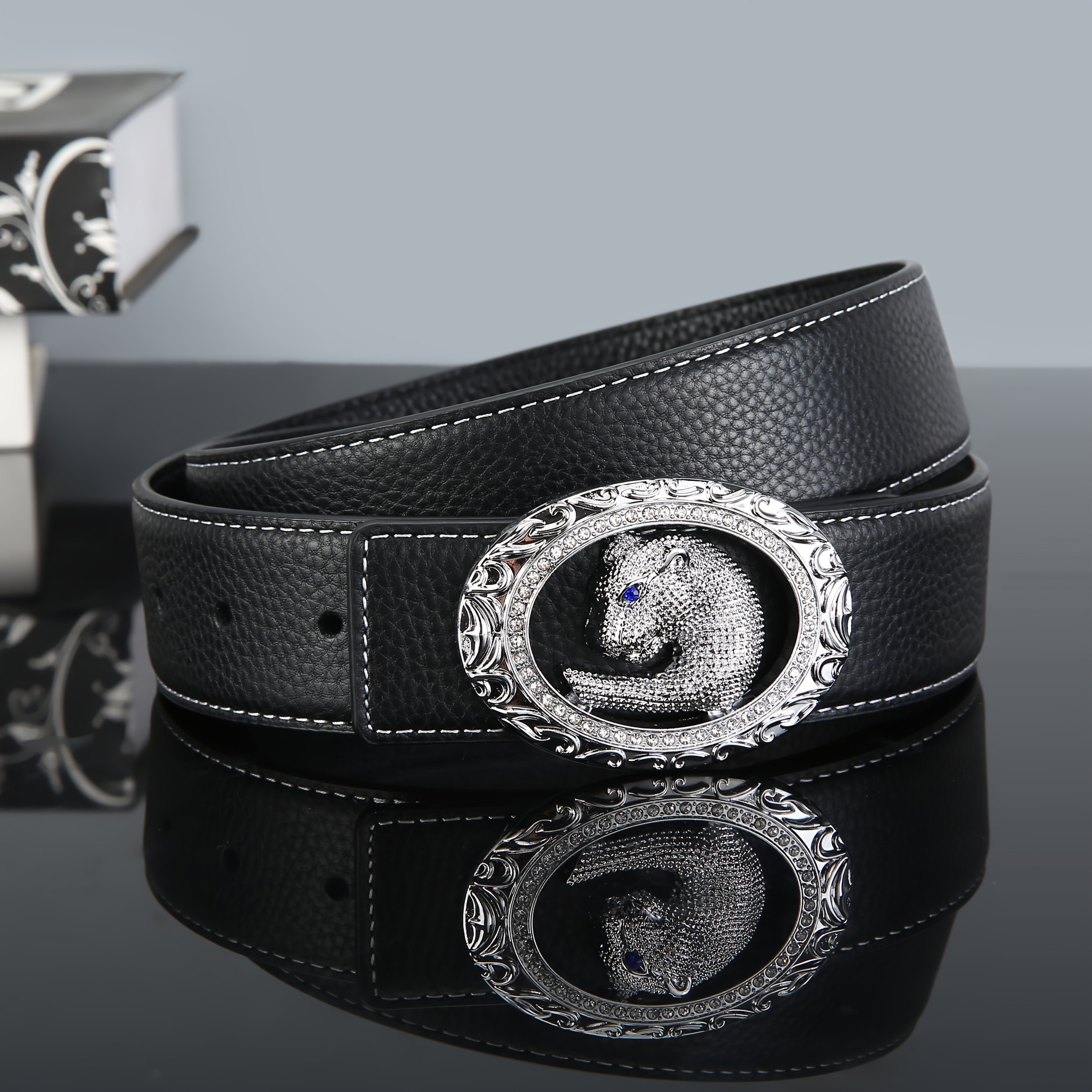 Double sided Top Layer Cowhide Belt With Diamond studded Leopard Head Buckle