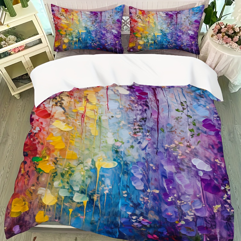 TEMU 3pcs Duvet Cover Set, 1 Duvet Cover And 2 Pillowcases, Rainbow Floral Print, , Full/queen/king Size, , Farmhouse Bedding Set, Rustic Farmhouse,