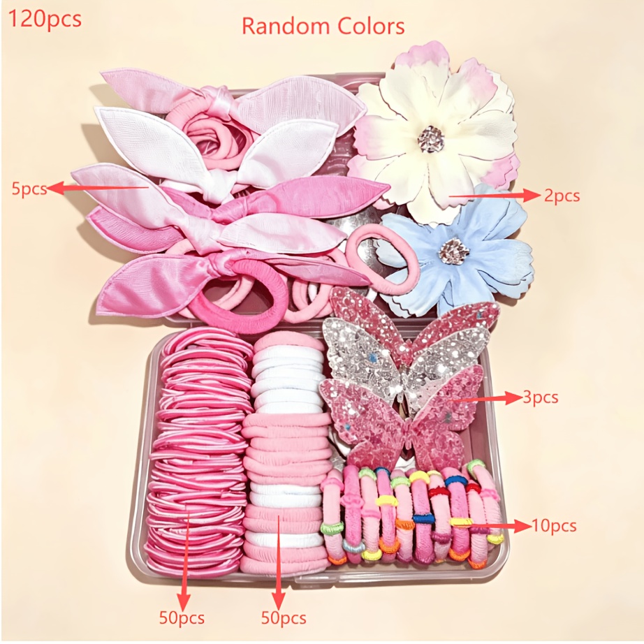 TEMU Set di 120 accessori per capelli a rosa carini con elastici per capelli a e una scatola portaoggetti riutilizzabile, colori e stili casuali,
