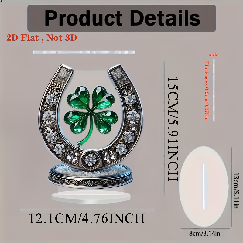 TEMU 2d Flat, 2d Flat 1g Style Acrylic Crystal Horseshoe And Clover Decoration, 2d Flat Printing, Desktop Ornament, Multi-functional Home Decor, No