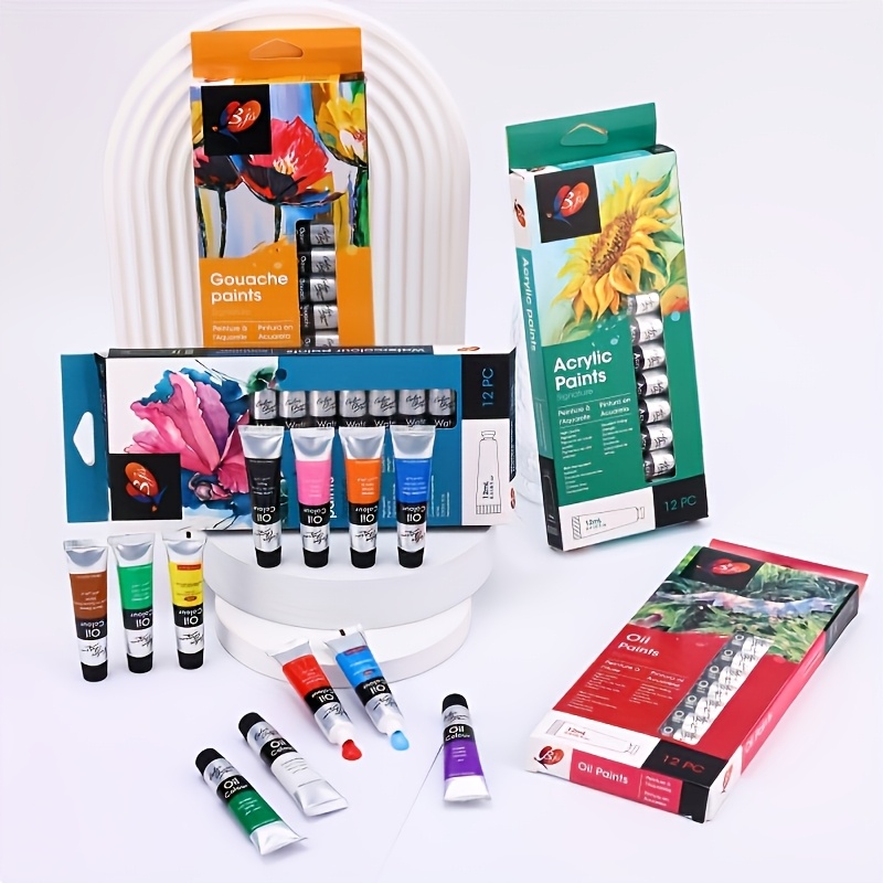 Beginner's Acrylic Paint Set with 12 Colors and 3 Brushes