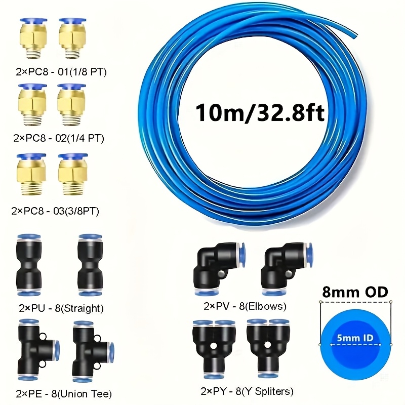 E-shop 1 Set Pneumatik Schlauch Set - 10M (32.8Ft) Polyurethan Luftschlauch mit Universal Schnellverschluss Adaptern, Metall & PVC Verbinder, Faltbares