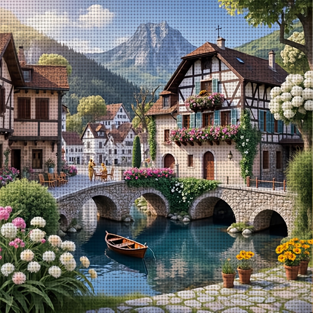TEMU 1 Set Of 11ct Frameless Diy Cross Stitch Kit-picturesque Village With Stone River,home Decoration Art Handmade Embroidery Set, Including