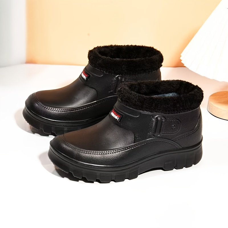 *'s Slip-On Winter Boots with Plush Collar PU Sole Short Ankle-High  Warm Booties for Snow, Ice, Mud Casual (Black) Easy Durable Trac