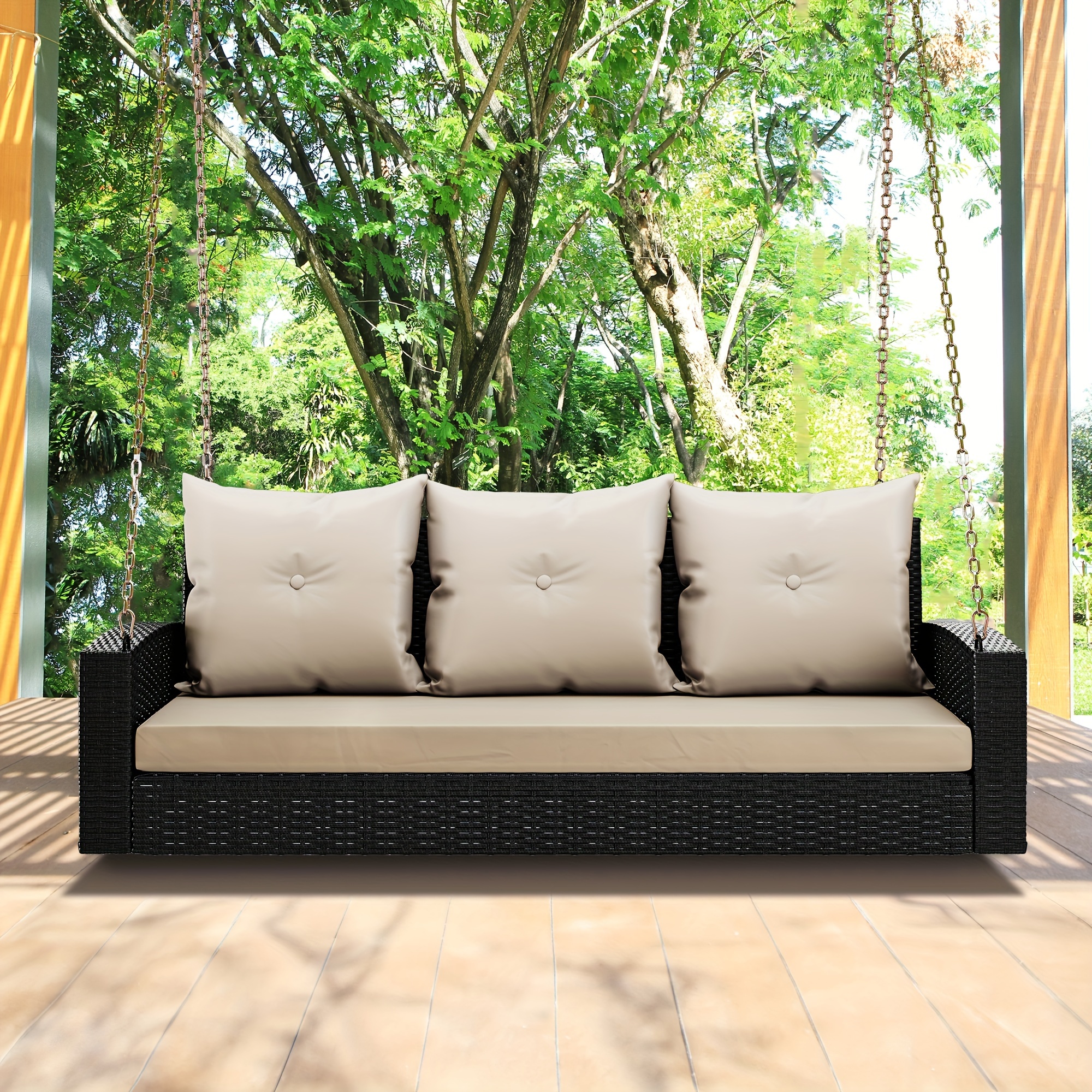 

3 Seat Porch Swing Rattan Wicker Patio Hanging Chair Waterproof With Cushion