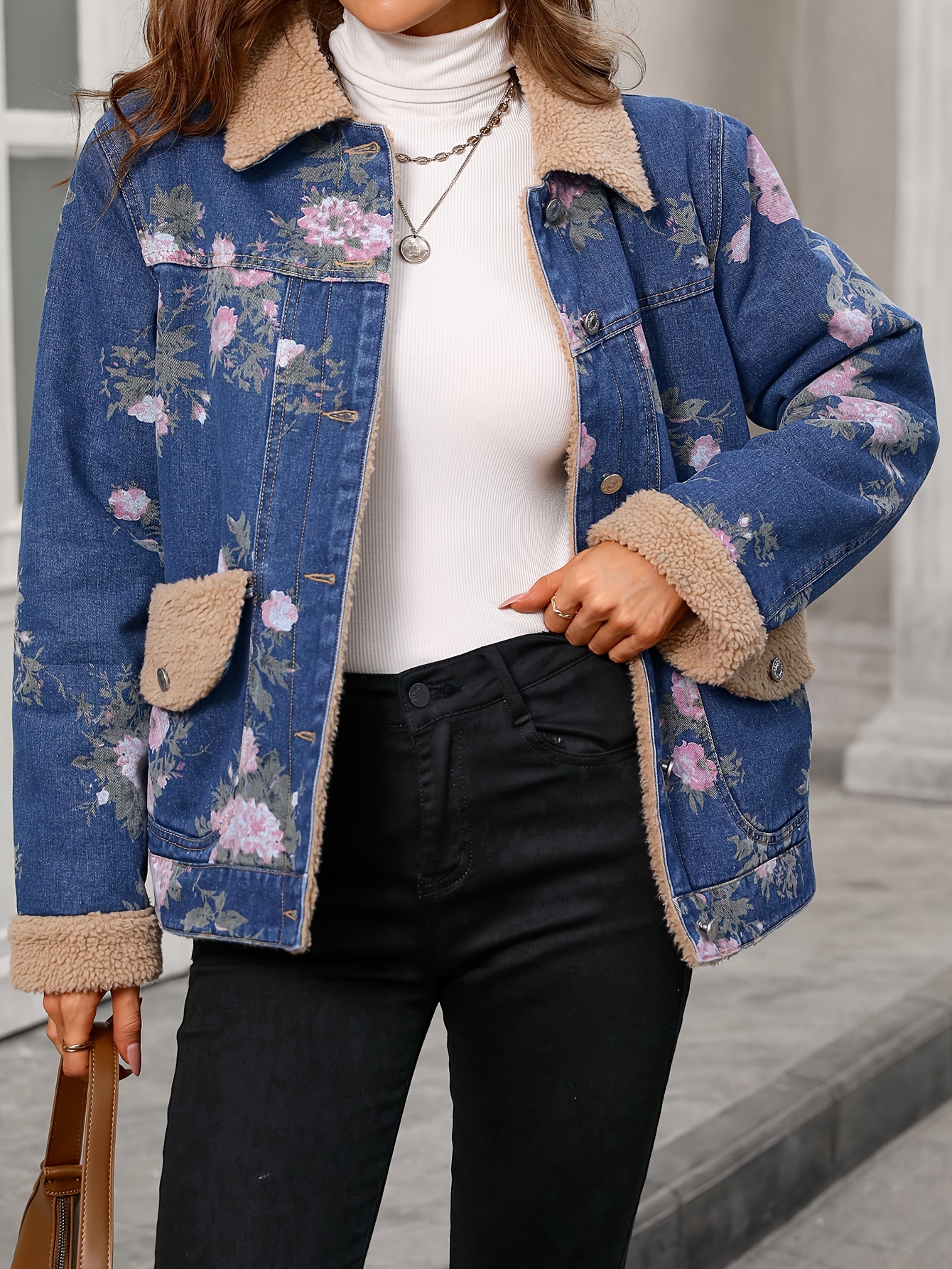 Cold Weather Jean Jacket In Winter Women's Floral Print Fleece