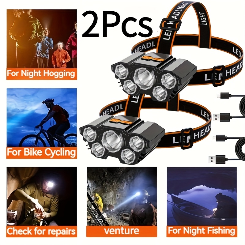 

2pcs , Rechargeable Headlight With 4 Mode 5 Led, For Camping, Night Fishing, Emergency, Night Cycling, Car Maintenance, Construction Work