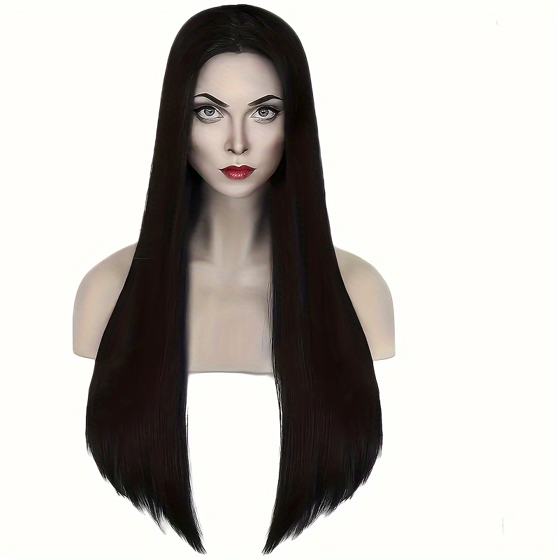 

The Mother Of The Up In A Black Long Straight Wig, A Synthetic Wig, A Costume Wig, For A Party.