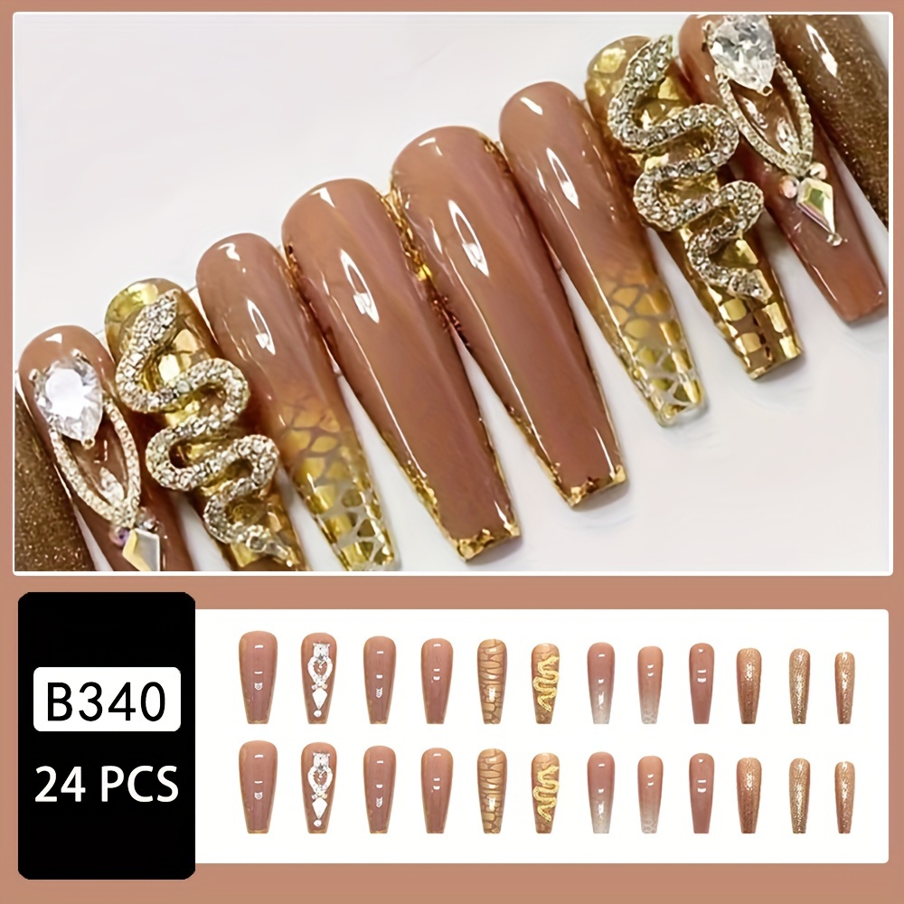 24pcs Per Box Long Ballet Nails, Elegant Golden Metallic Snake, Elegant And Shiny Rhinestone -style False Nails, Press-on Nails, Waterproof And Removable Press-on Nail Art Set, Includes Jelly Glue