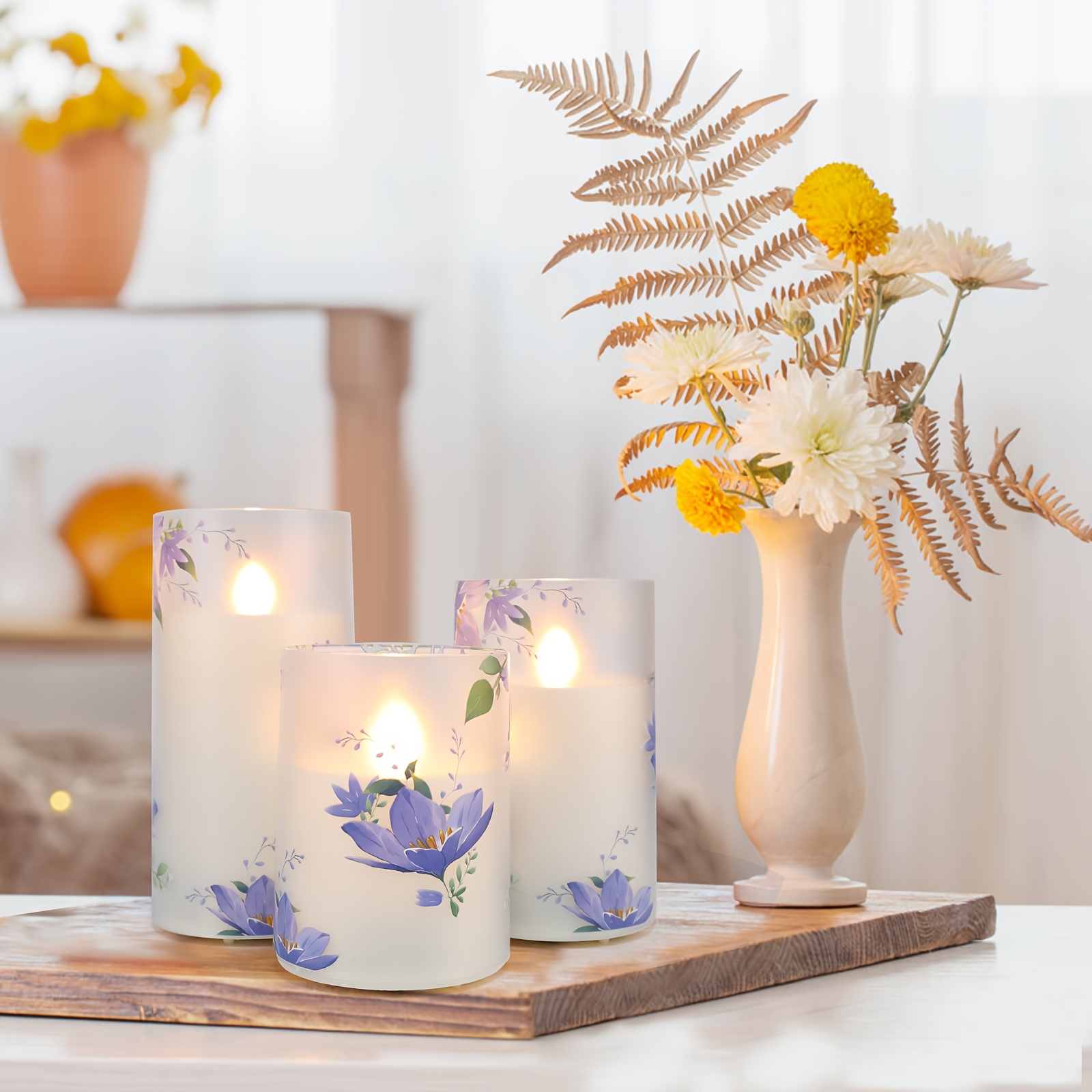 TEMU 3-piece Flameless Candle Set With Purple Flower Decoration, Flickering Battery-powered Candles, With Remote Control, Led Pillar Candles Suitable For Spring Decoration