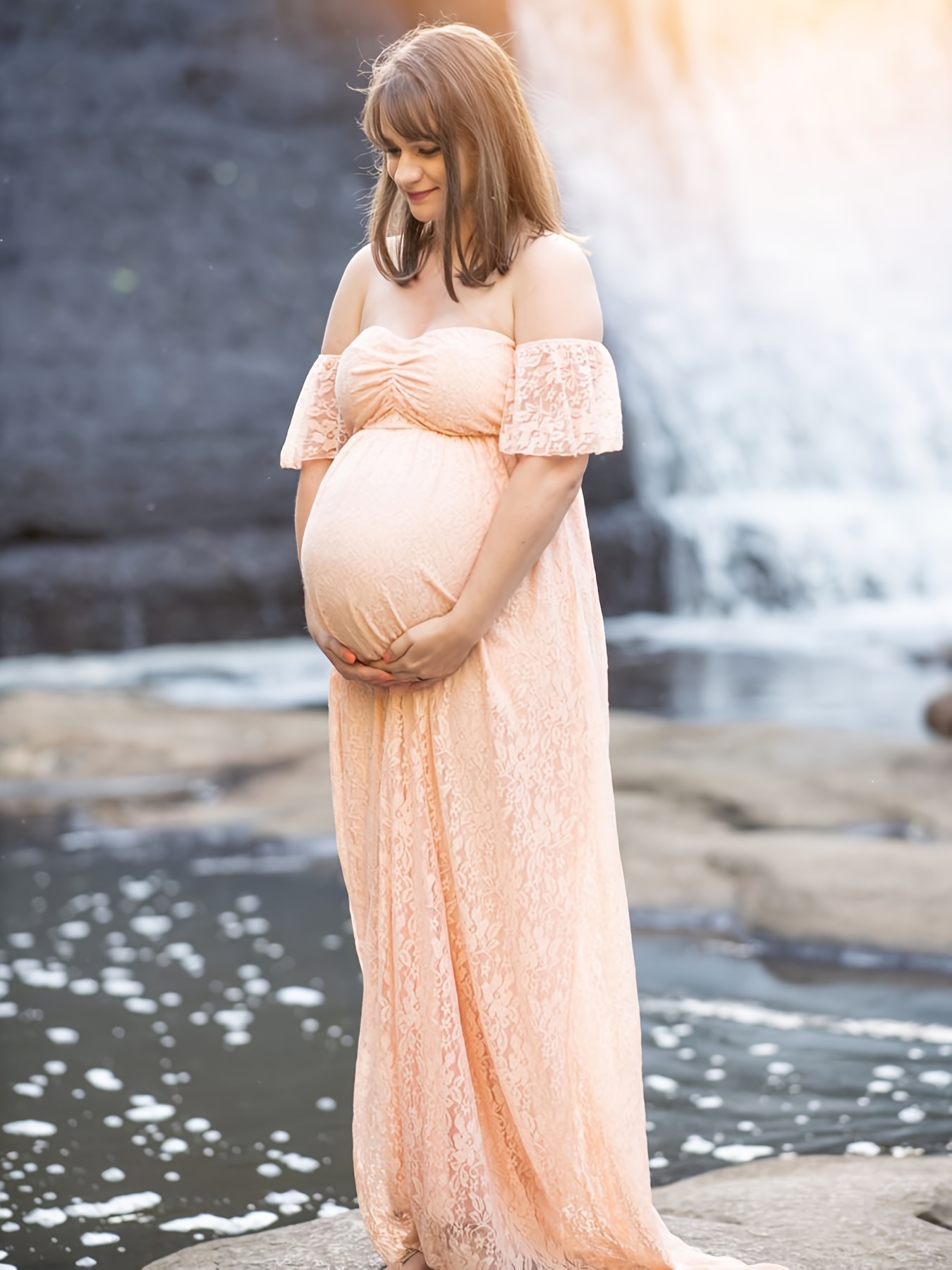 knee length dresses for ladies Momyknows White Off Shoulder Lace Tiered Boat Neck Flowy Elegant Maternity Photoshoot Dress White / L main image 0
