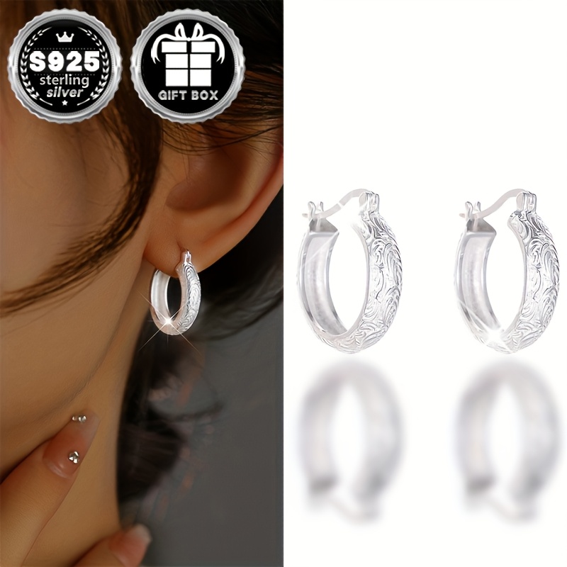 

2pc925 Pure Silvery Low Allergy Embossed Tang Grass Pattern Earrings Simple Classic Retro Elegant Sexy Earrings . 6.2g